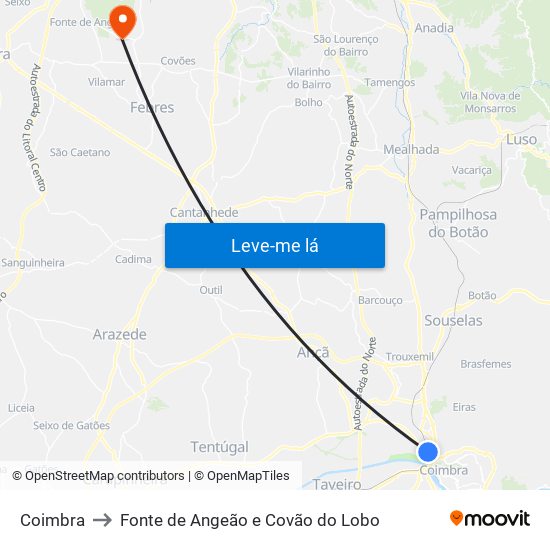 Coimbra to Fonte de Angeão e Covão do Lobo map