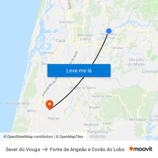 Sever do Vouga to Fonte de Angeão e Covão do Lobo map
