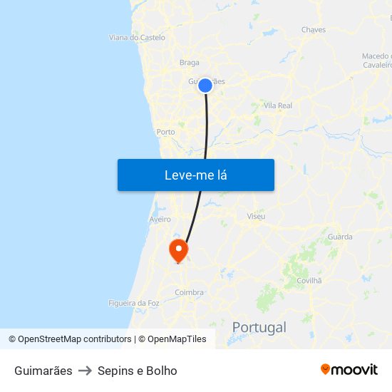 Guimarães to Sepins e Bolho map