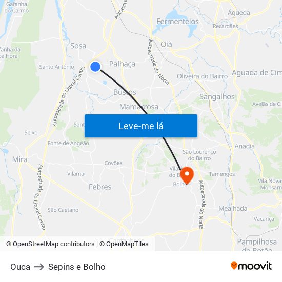 Ouca to Sepins e Bolho map