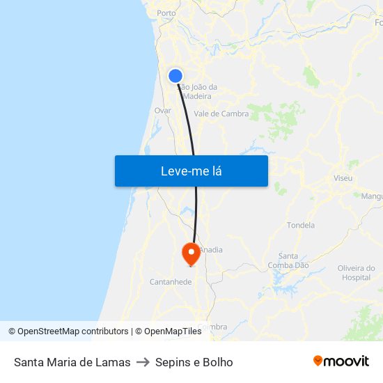 Santa Maria de Lamas to Sepins e Bolho map