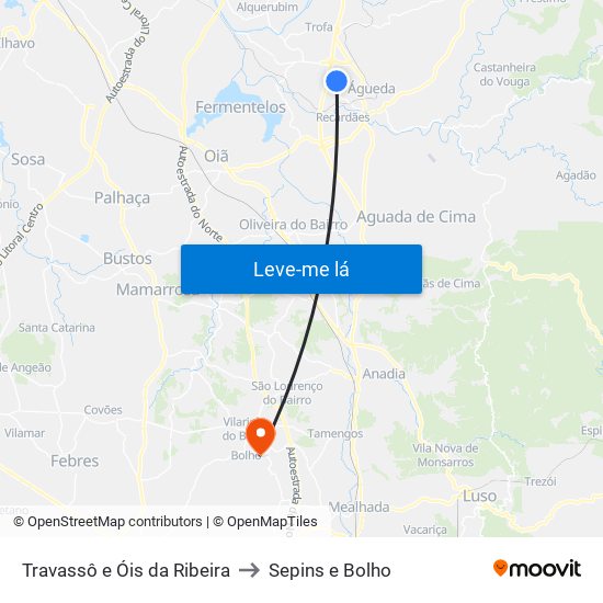 Travassô e Óis da Ribeira to Sepins e Bolho map