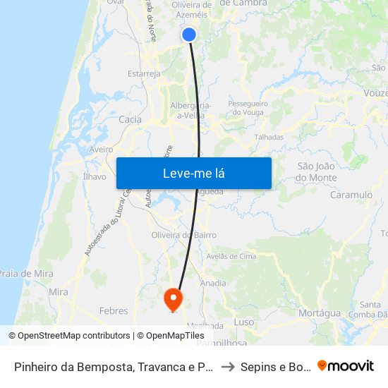 Pinheiro da Bemposta, Travanca e Palmaz to Sepins e Bolho map