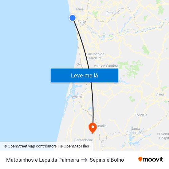 Matosinhos e Leça da Palmeira to Sepins e Bolho map