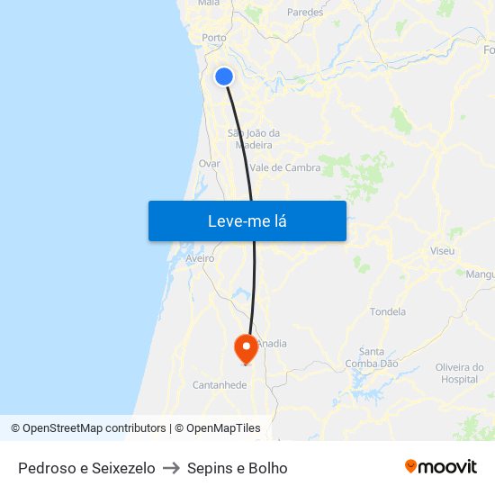 Pedroso e Seixezelo to Sepins e Bolho map