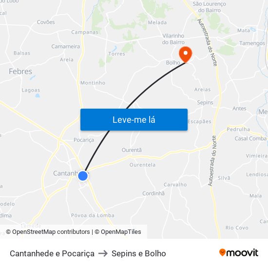 Cantanhede e Pocariça to Sepins e Bolho map