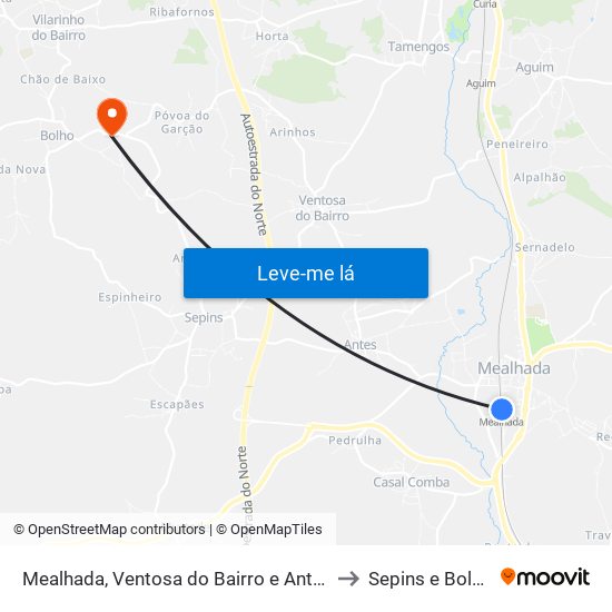 Mealhada, Ventosa do Bairro e Antes to Sepins e Bolho map