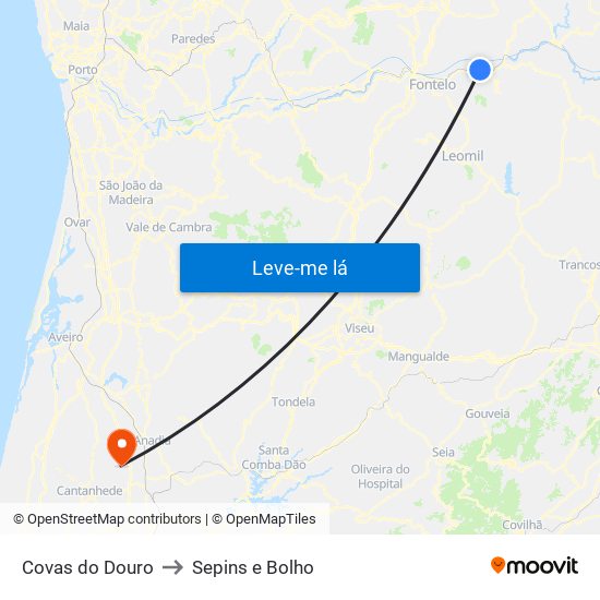 Covas do Douro to Sepins e Bolho map