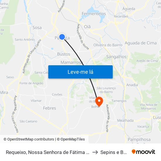 Requeixo, Nossa Senhora de Fátima e Nariz to Sepins e Bolho map