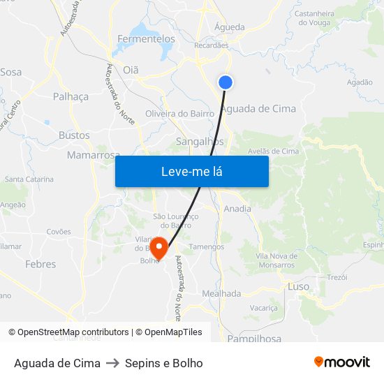 Aguada de Cima to Sepins e Bolho map