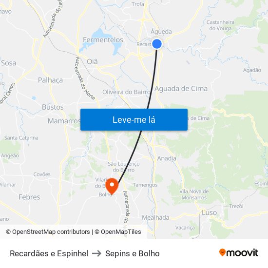 Recardães e Espinhel to Sepins e Bolho map