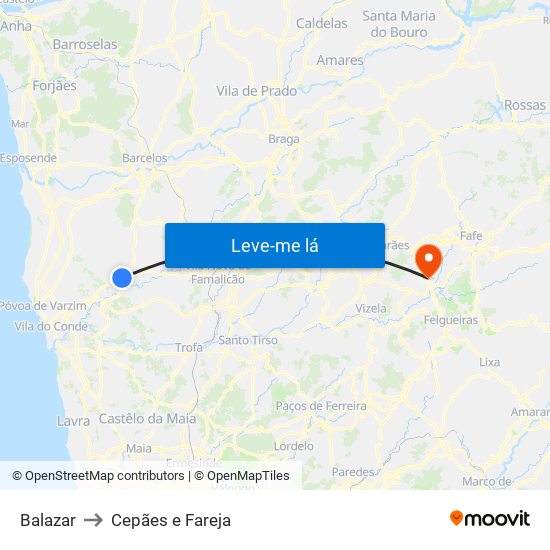Balazar to Cepães e Fareja map