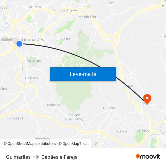 Guimarães to Cepães e Fareja map