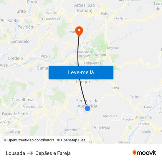 Lousada to Cepães e Fareja map