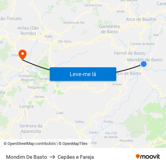 Mondim De Basto to Cepães e Fareja map