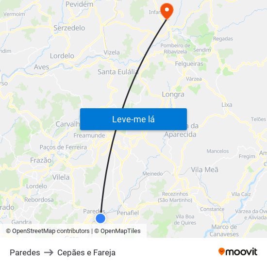 Paredes to Cepães e Fareja map