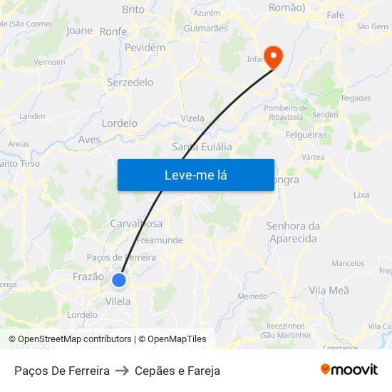 Paços De Ferreira to Cepães e Fareja map