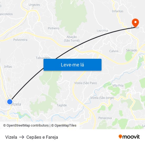 Vizela to Cepães e Fareja map