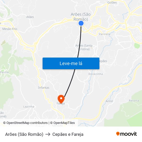 Arões (São Romão) to Cepães e Fareja map