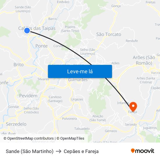 Sande (São Martinho) to Cepães e Fareja map