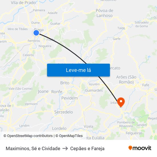 Maximinos, Sé e Cividade to Cepães e Fareja map