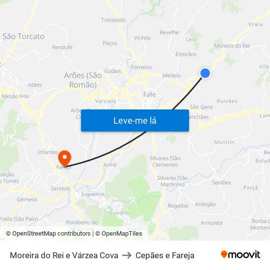 Moreira do Rei e Várzea Cova to Cepães e Fareja map