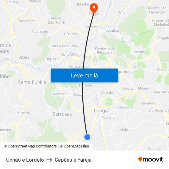 Unhão e Lordelo to Cepães e Fareja map