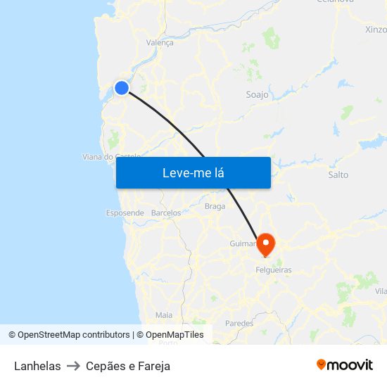 Lanhelas to Cepães e Fareja map