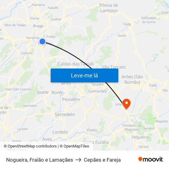 Nogueira, Fraião e Lamaçães to Cepães e Fareja map