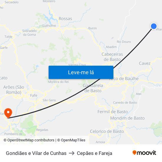 Gondiães e Vilar de Cunhas to Cepães e Fareja map