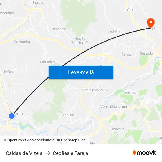 Caldas de Vizela to Cepães e Fareja map