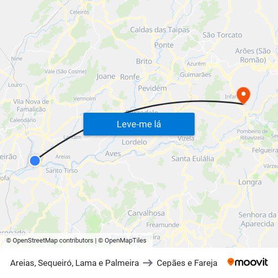 Areias, Sequeiró, Lama e Palmeira to Cepães e Fareja map