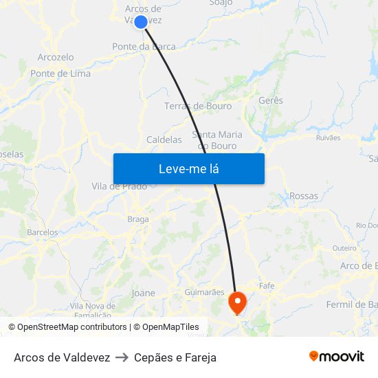 Arcos de Valdevez to Cepães e Fareja map