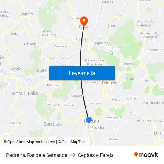 Pedreira, Rande e Sernande to Cepães e Fareja map