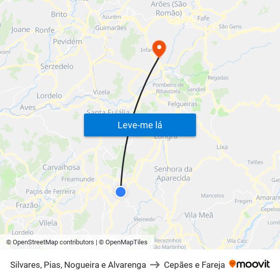 Silvares, Pias, Nogueira e Alvarenga to Cepães e Fareja map