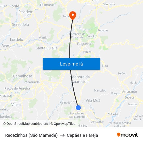 Recezinhos (São Mamede) to Cepães e Fareja map