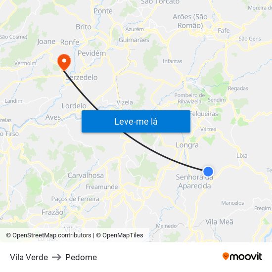 Vila Verde to Pedome map
