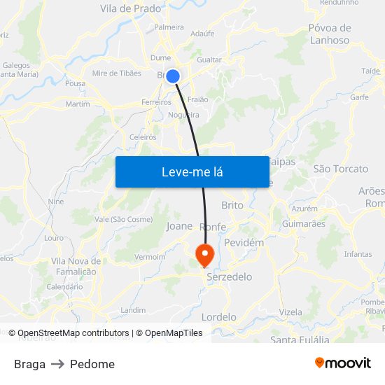 Braga to Pedome map