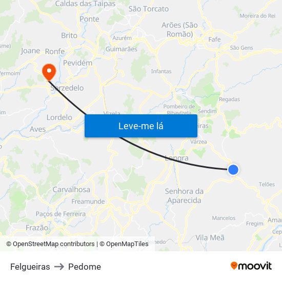 Felgueiras to Pedome map