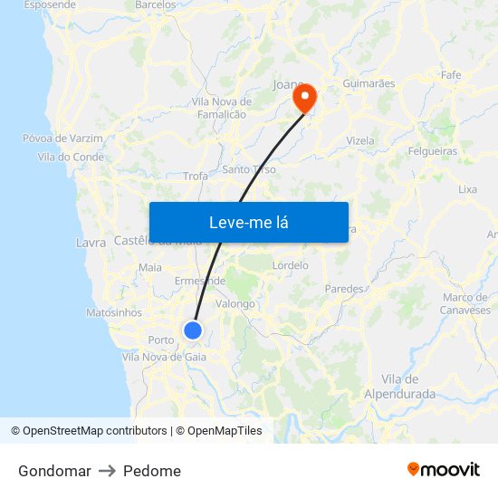 Gondomar to Pedome map