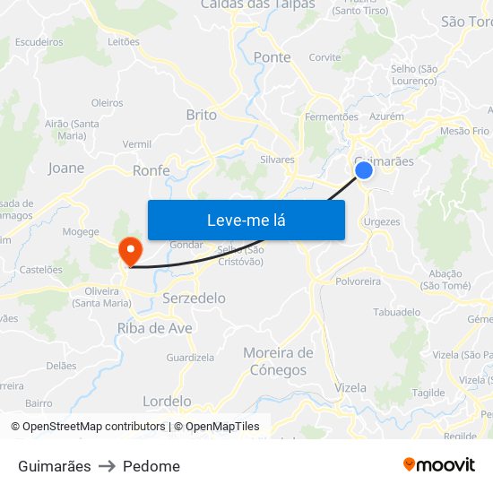 Guimarães to Pedome map