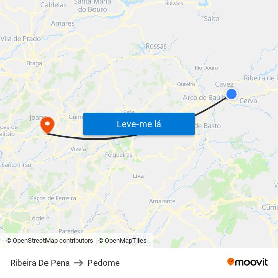 Ribeira De Pena to Pedome map