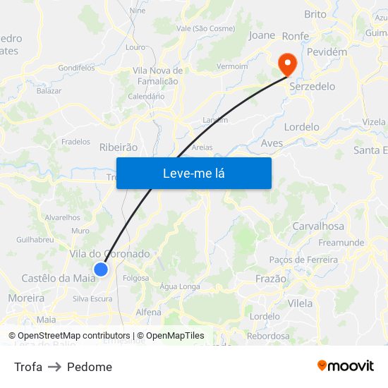 Trofa to Pedome map