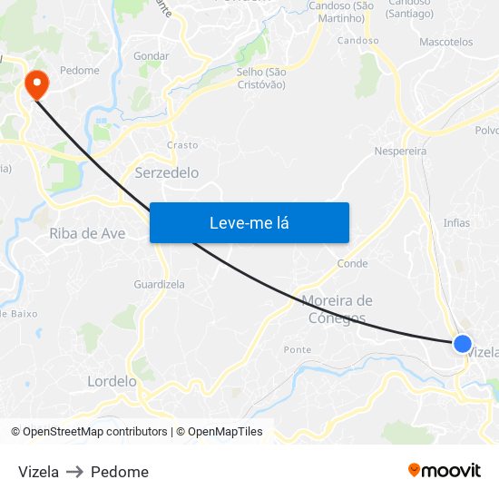 Vizela to Pedome map