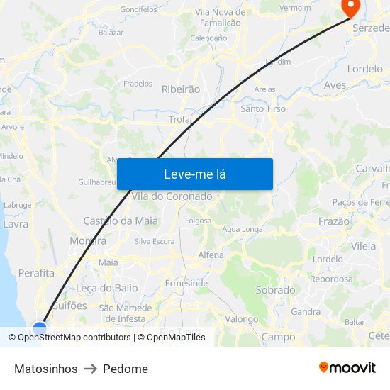 Matosinhos to Pedome map