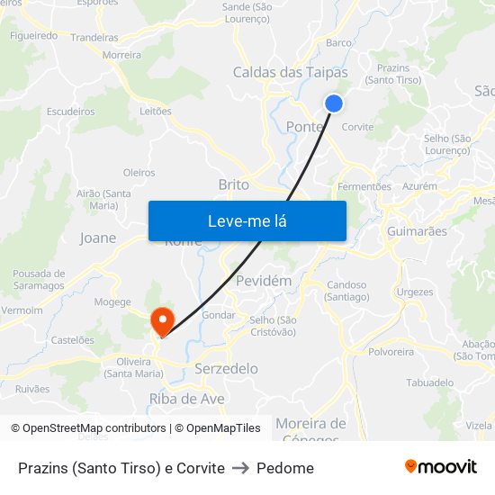Prazins (Santo Tirso) e Corvite to Pedome map