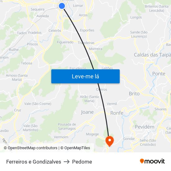 Ferreiros e Gondizalves to Pedome map