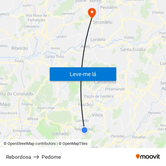 Rebordosa to Pedome map