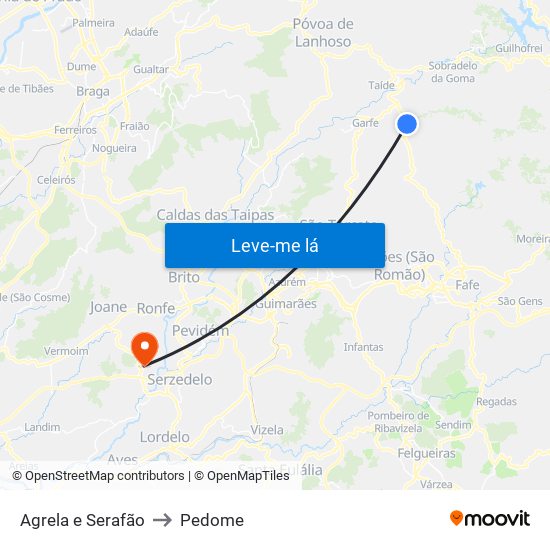 Agrela e Serafão to Pedome map
