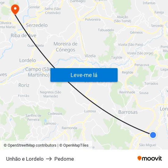 Unhão e Lordelo to Pedome map
